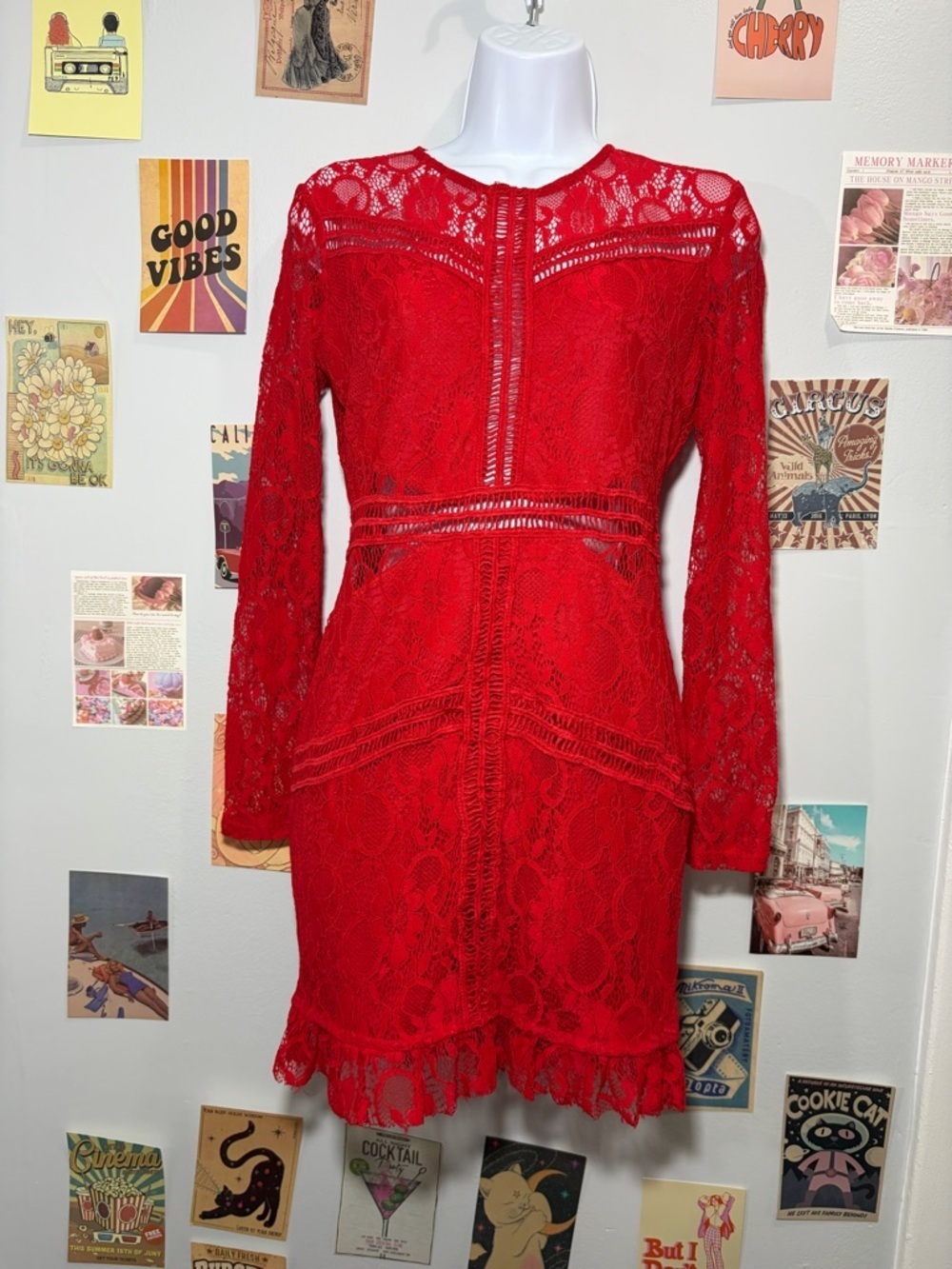 PrettyLittleThing Red Lace Long Sleeve Cocktail Dress